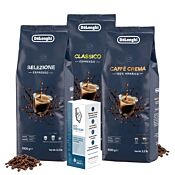 Pauschalangebot mit 3 Packungen Delonghi Kaffeebohnen und einer Packung Entkalker