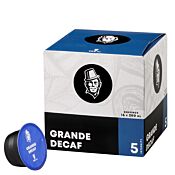 Kaffekapslen Grande Decaf package and capsule for Dolce Gusto