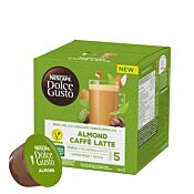 Nescafé Almond Caffé Latte pakke og kapsel til Dolce Gusto