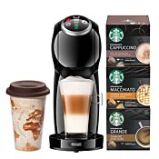 Dolce Gusto Pakketilbud med en Genio S Plus kaffemaskine, 3 pakker kaffekapsler og et termokrus.