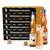 Iskaffe startpakke til Nespresso med 6 pakker kaffe og to kaffesirupper