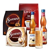 Iskaffe startpakke til Senseo med 3 pakker kaffe og 2 kaffesiruper