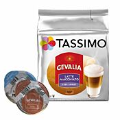 Gevalia Latte Macchiato Less Sweet pakke og kapsel til Tassimo