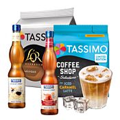 Iskaffe startpakke til Tassimo med 2 pakker kaffe og 2 kaffesiruper