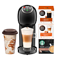 Dolce Gusto Pakketilbud med en Genio S Plus kaffemaskin, 3 pakker med kaffekapsler og et termokrus.