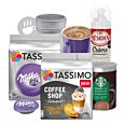 Ein Heiße-Schokolade-Paket für Tassimo mit Schlagsahne und einem Latte-Art-Dekorationsset