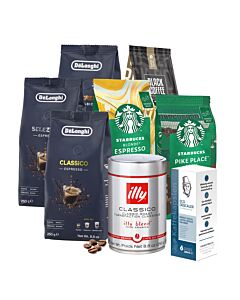 Pakketilbud med 7 pakker kaffebønner og en pakke med avkalking