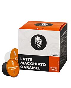 Kaffekapslen Latte Macchiato Caramel pakke og kapsel til Dolce Gusto
