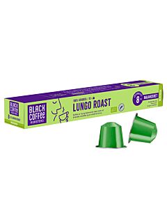 Black Coffee Roasters Lungo Roast package and capsule for Nespresso