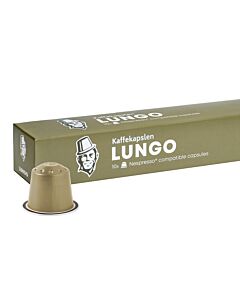 Kaffekapslen Lungo Premium package and pod for Nespresso
