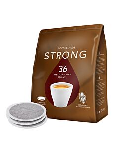 Kaffekapslen Strong 36 package and pods for Senseo