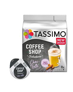 Coffee Shop Selections Chai Latte package and capsule for Tassimo